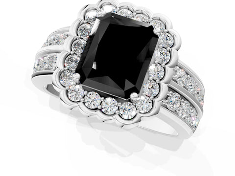 White gold Fancy Black Radiant Cut Halo Diamond Split Shank Ring with Scalloped Prong Setting_2