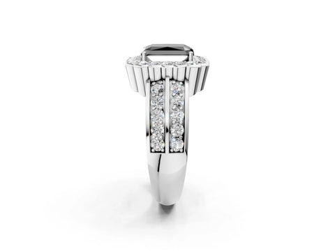 White gold Fancy Black Radiant Cut Halo Diamond Split Shank Ring with Scalloped Prong Setting_2