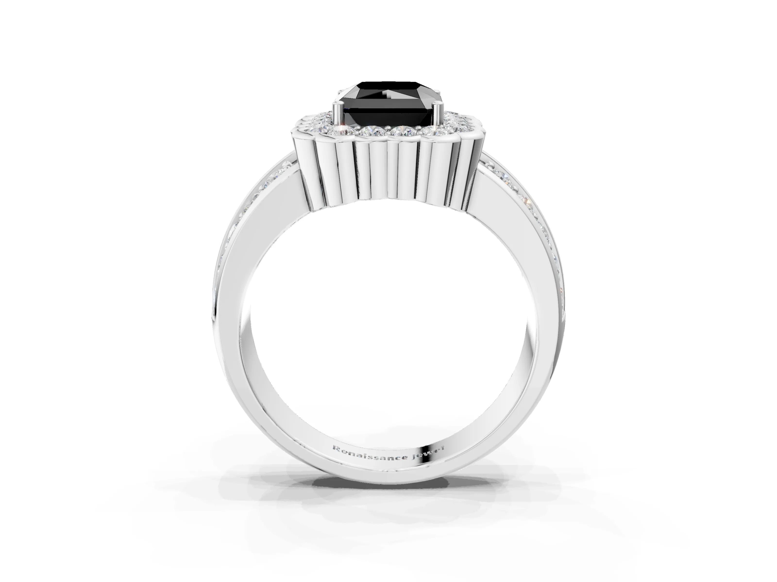 White gold Fancy Black Radiant Cut Halo Diamond Split Shank Ring with Scalloped Prong Setting_3