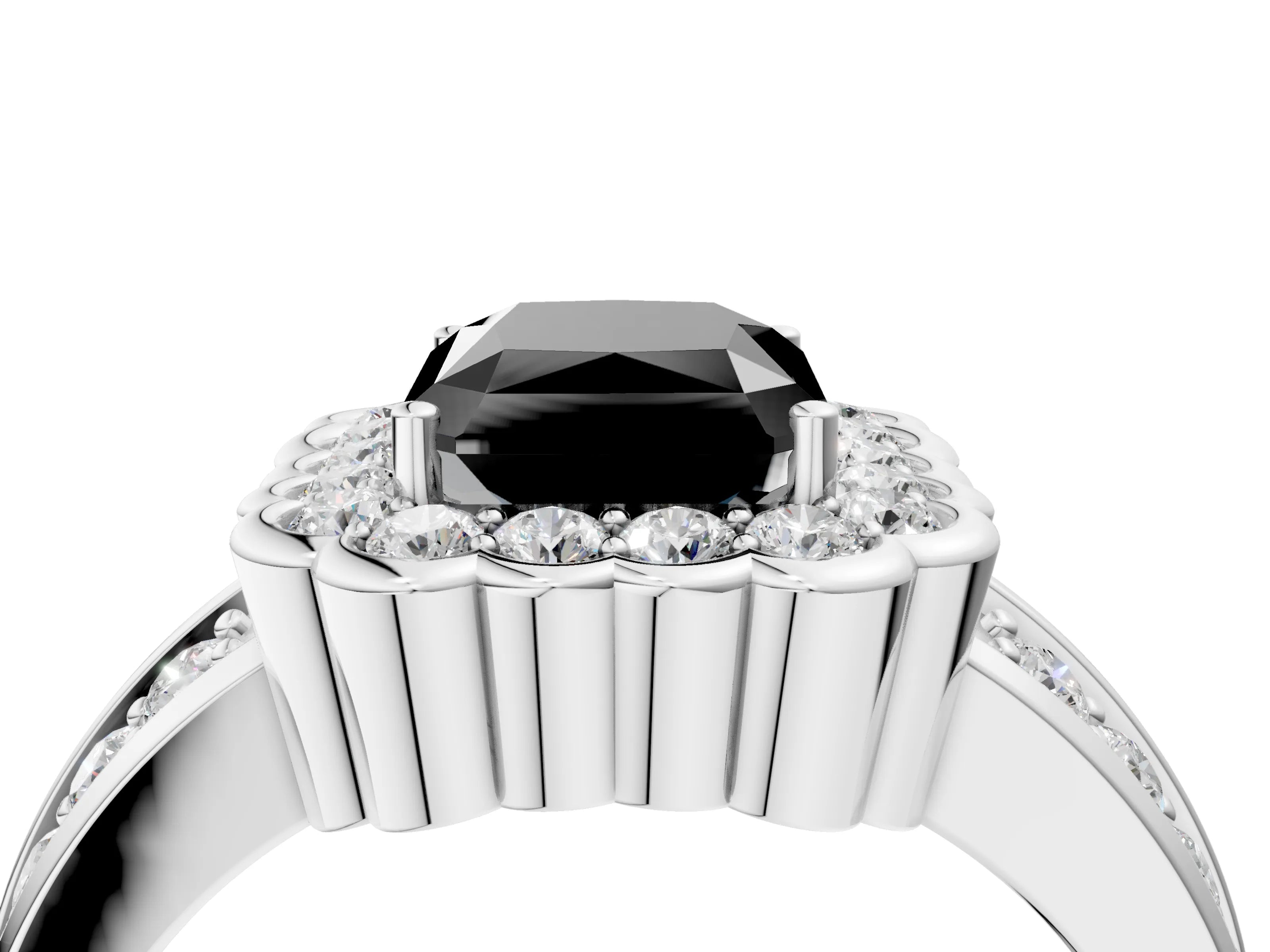 White gold Fancy Black Radiant Cut Halo Diamond Split Shank Ring with Scalloped Prong Setting_4
