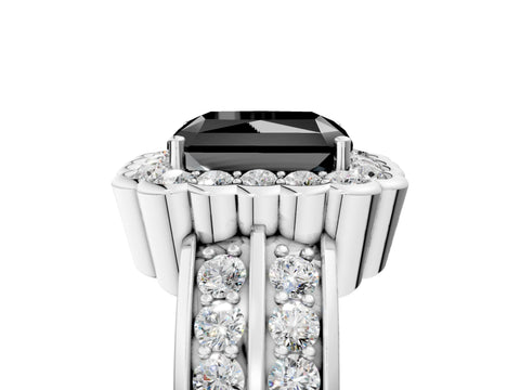 White gold Fancy Black Radiant Cut Halo Diamond Split Shank Ring with Scalloped Prong Setting_5