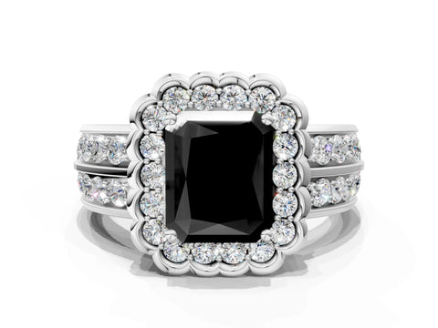 White gold Fancy Black Radiant Cut Halo Diamond Split Shank Ring with Scalloped Prong Setting