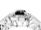 White gold Fancy Black Radiant Cut Halo Milgrain Diamond Engagement Ring with Leaf Band and Four-Prong Setting_4