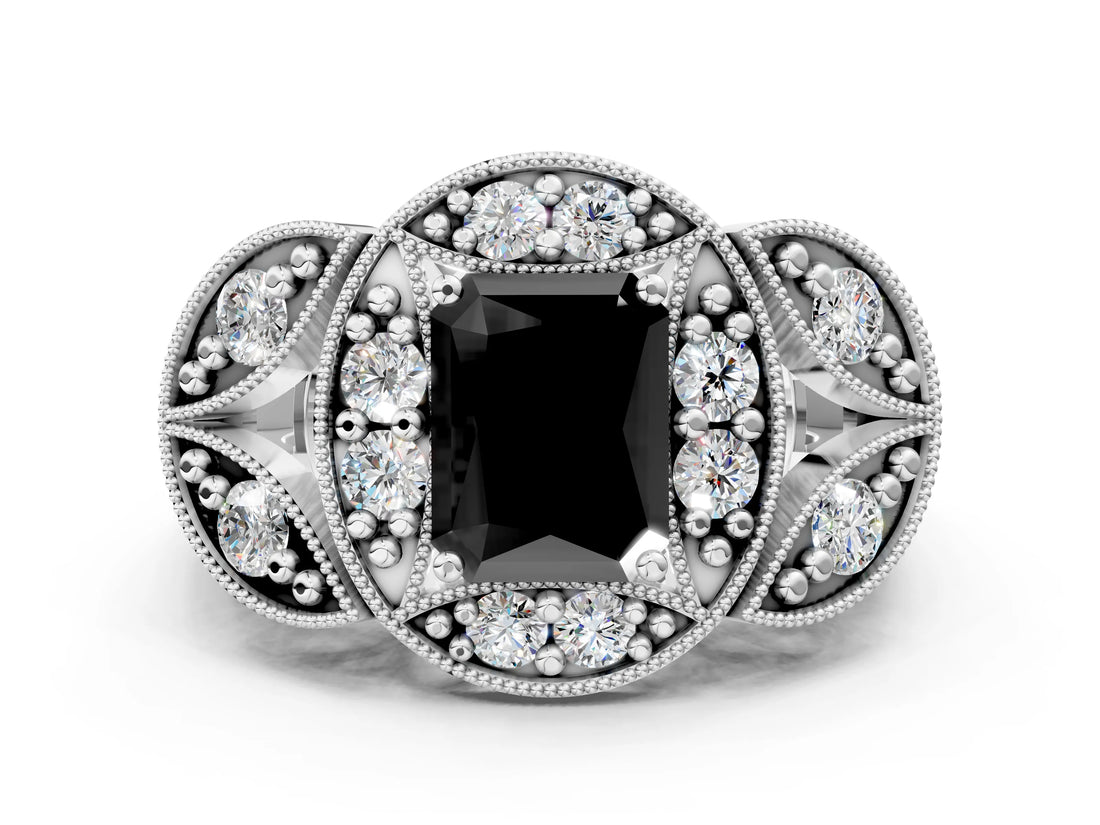 White gold Fancy Black Radiant Cut Halo Milgrain Diamond Engagement Ring with Leaf Band and Four-Prong Setting