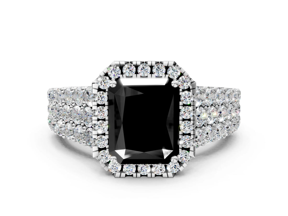 White gold Fancy Black Radiant Cut Halo Pavé Diamond Engagement Ring with Split Shank and Four-Prong Setting_3