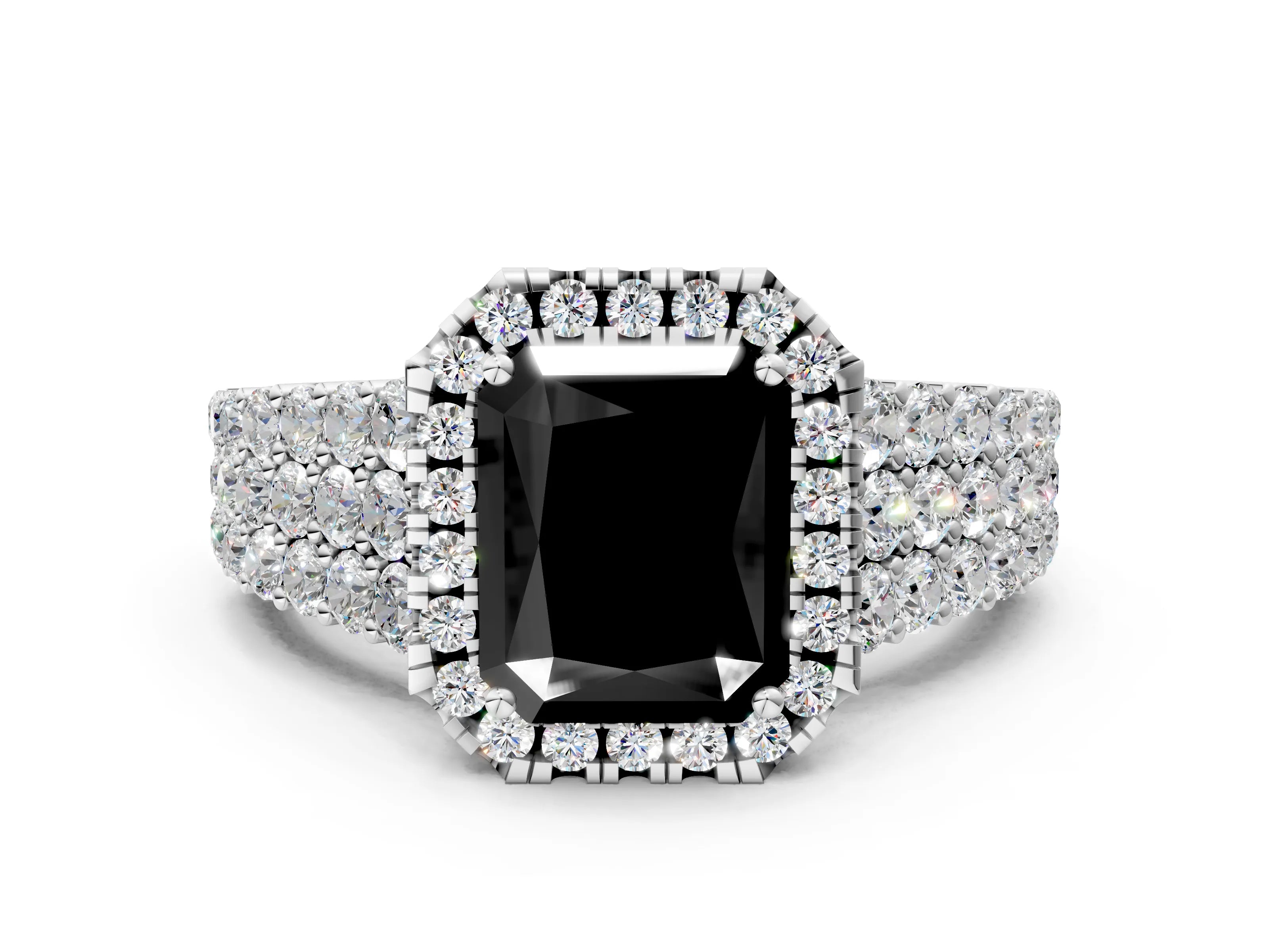 White gold Fancy Black Radiant Cut Halo Pavé Diamond Engagement Ring with Split Shank and Four-Prong Setting_3