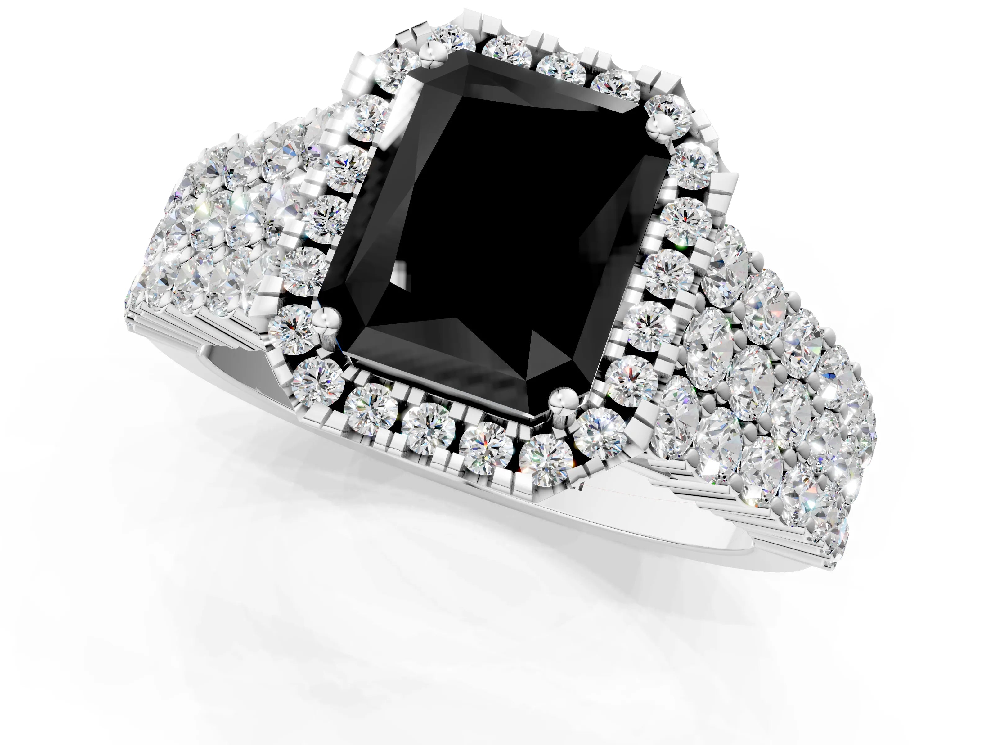 White gold Fancy Black Radiant Cut Halo Pavé Diamond Engagement Ring with Split Shank and Four-Prong Setting_4
