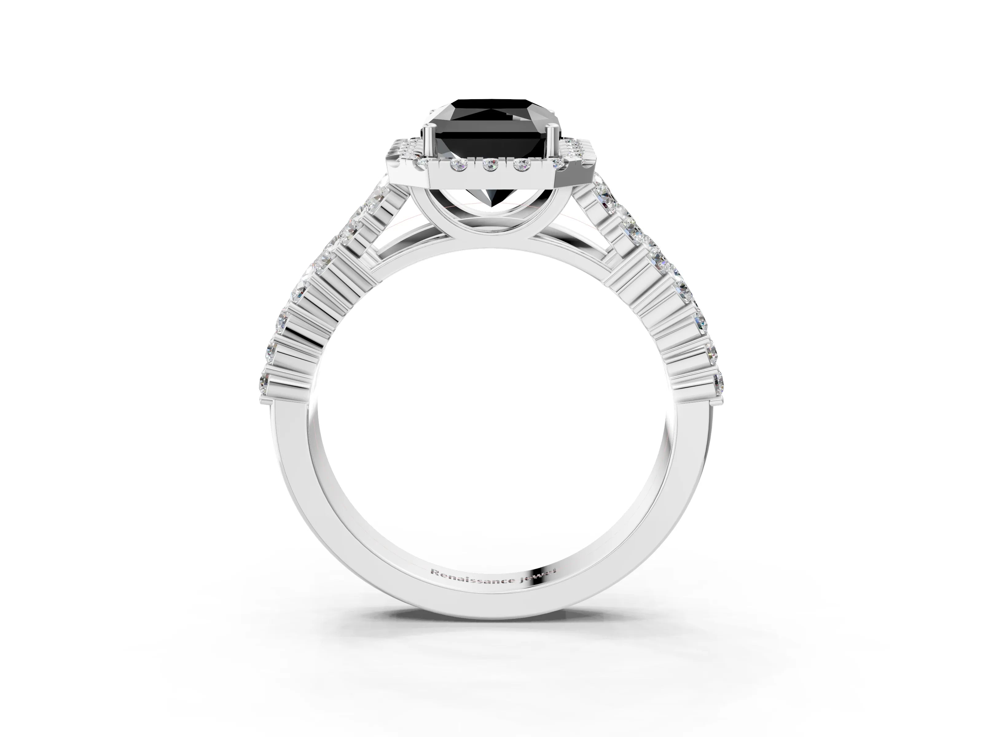 White gold Fancy Black Radiant Cut Halo Pavé Diamond Engagement Ring with Split Shank and Four-Prong Setting_6