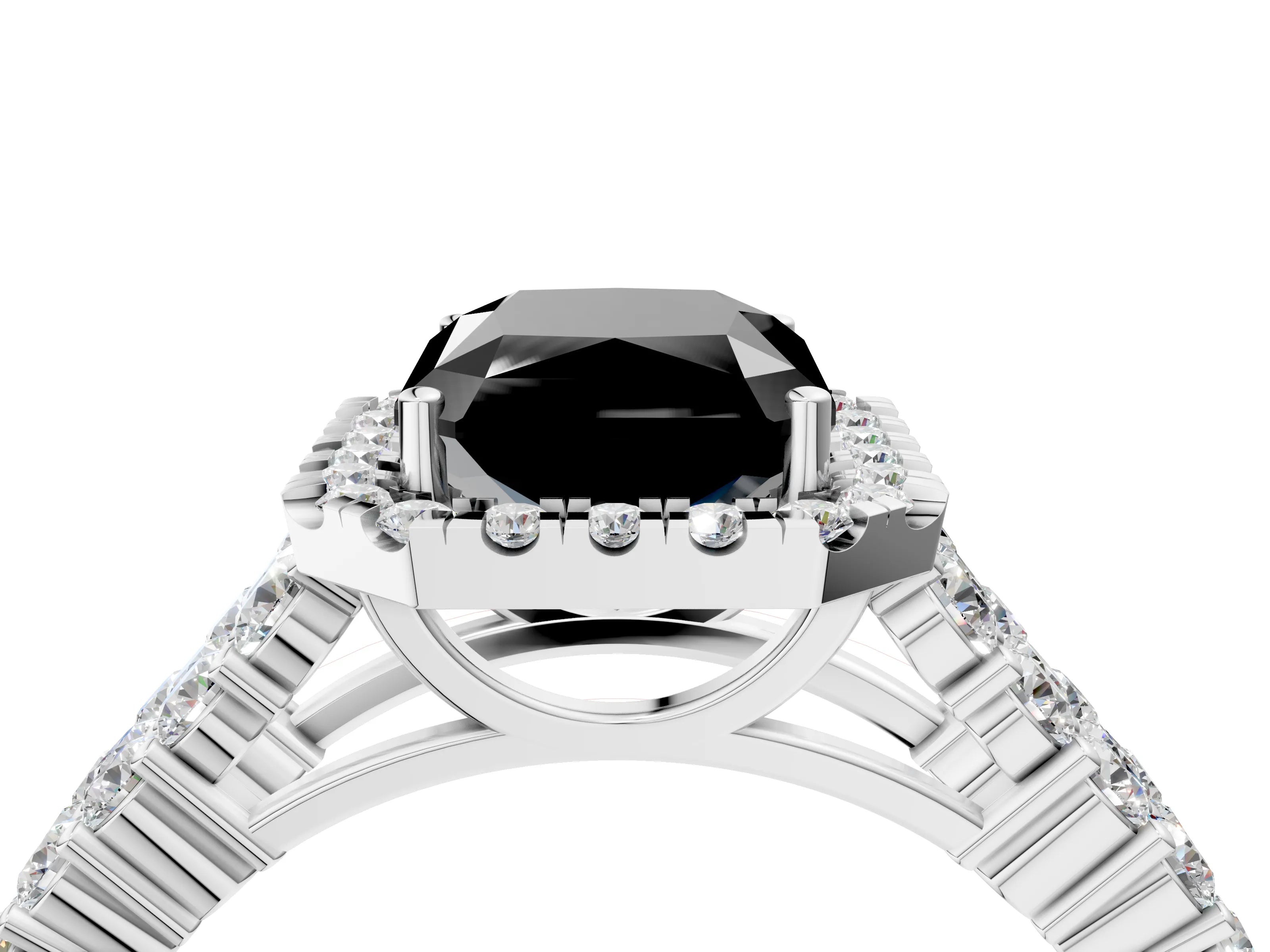 White gold Fancy Black Radiant Cut Halo Pavé Diamond Engagement Ring with Split Shank and Four-Prong Setting_7