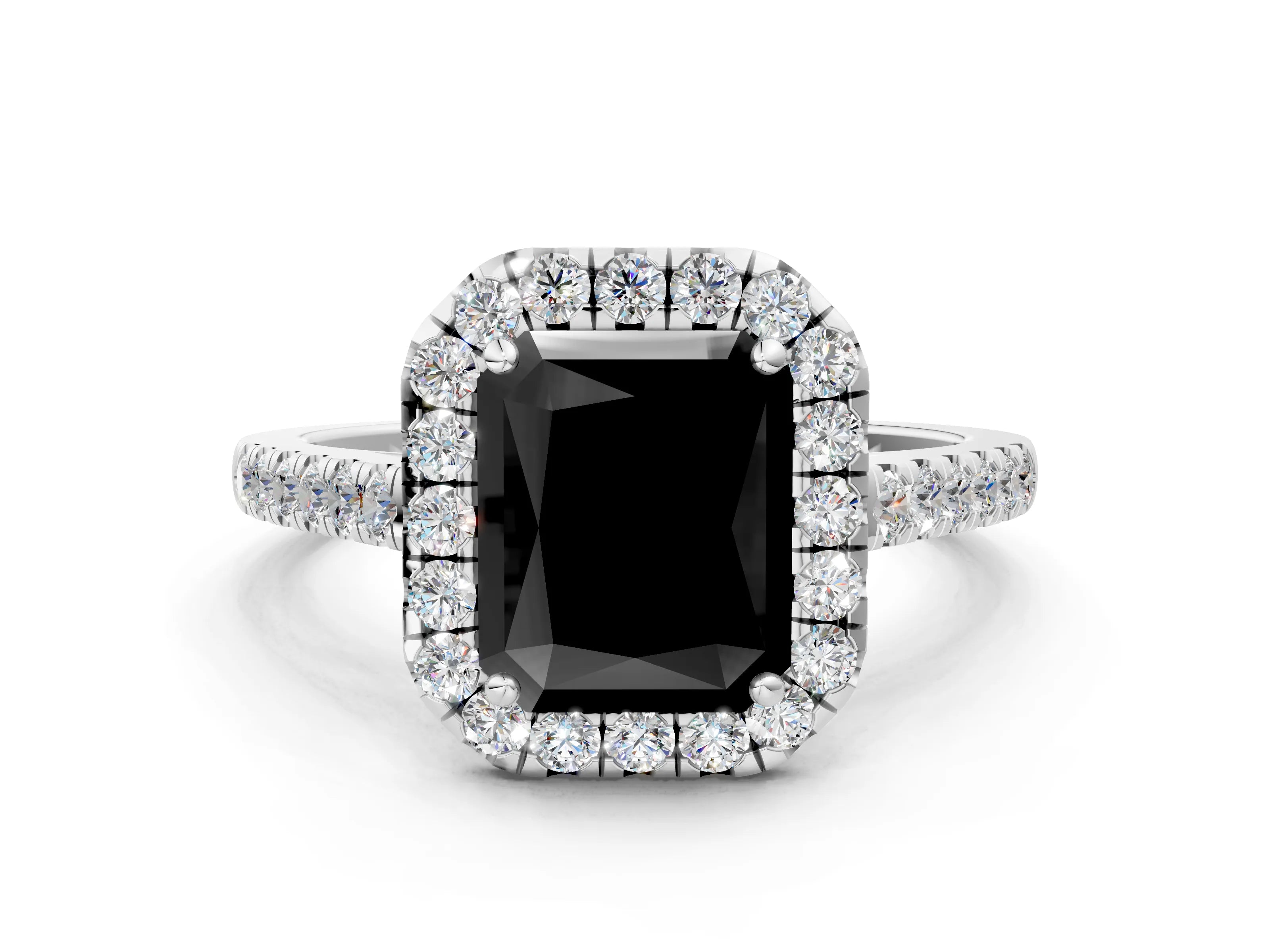 White gold Fancy Black Radiant Cut Halo Pave Diamond Engagement Ring with Four-Prong Setting