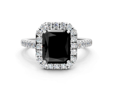 White gold Fancy Black Radiant Cut Halo Pave Diamond Engagement Ring with Four-Prong Setting