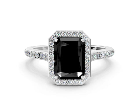 White gold Fancy Black Radiant Cut Halo Round Diamond Pavé Band with Four-Prong Setting_15