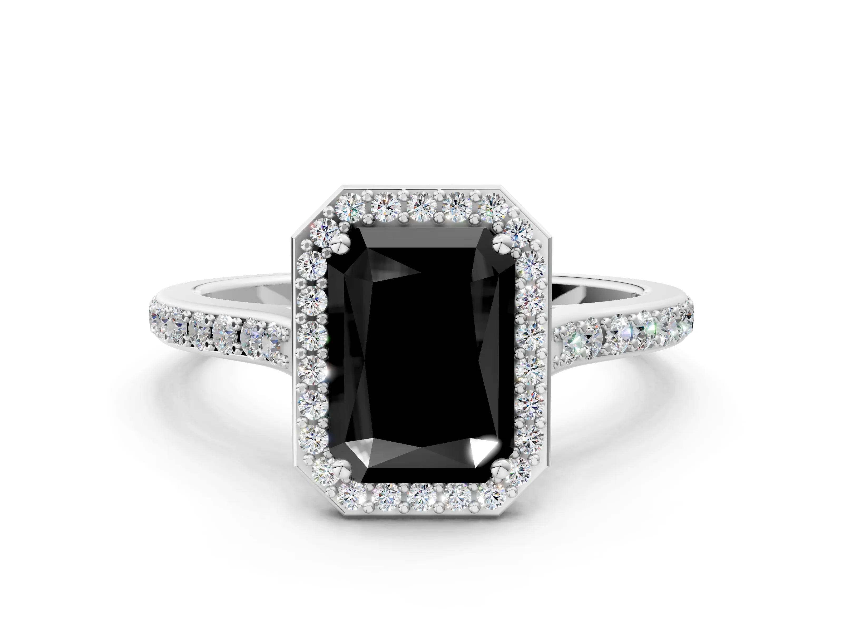 White gold Fancy Black Radiant Cut Halo Round Diamond Pavé Band with Four-Prong Setting_15
