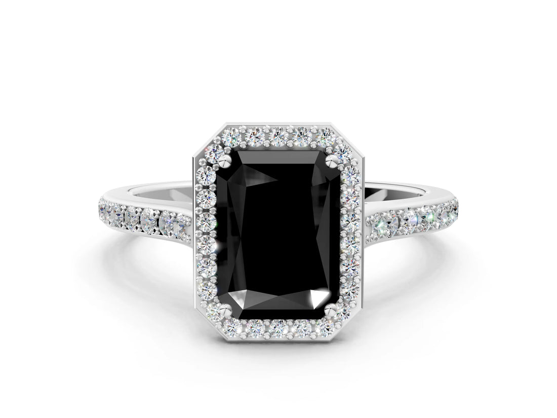 White gold Fancy Black Radiant Cut Halo Round Diamond Pavé Band with Four-Prong Setting_15
