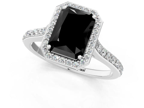 White gold Fancy Black Radiant Cut Halo Round Diamond Pavé Band with Four-Prong Setting_16