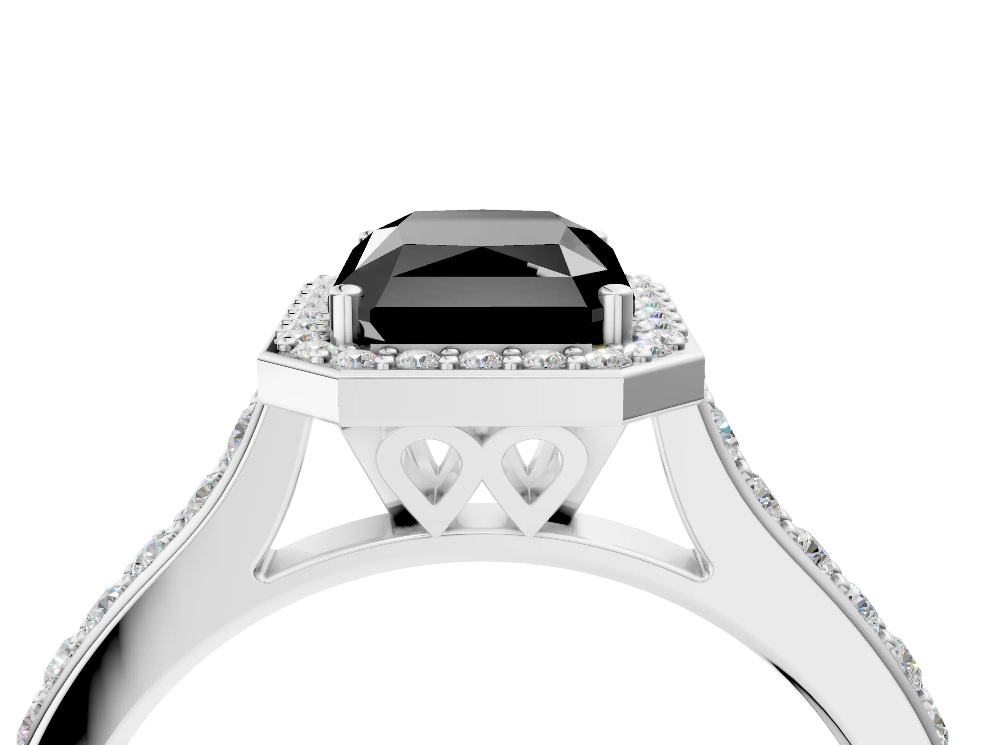 White gold Fancy Black Radiant Cut Halo Round Diamond Pavé Band with Four-Prong Setting_19
