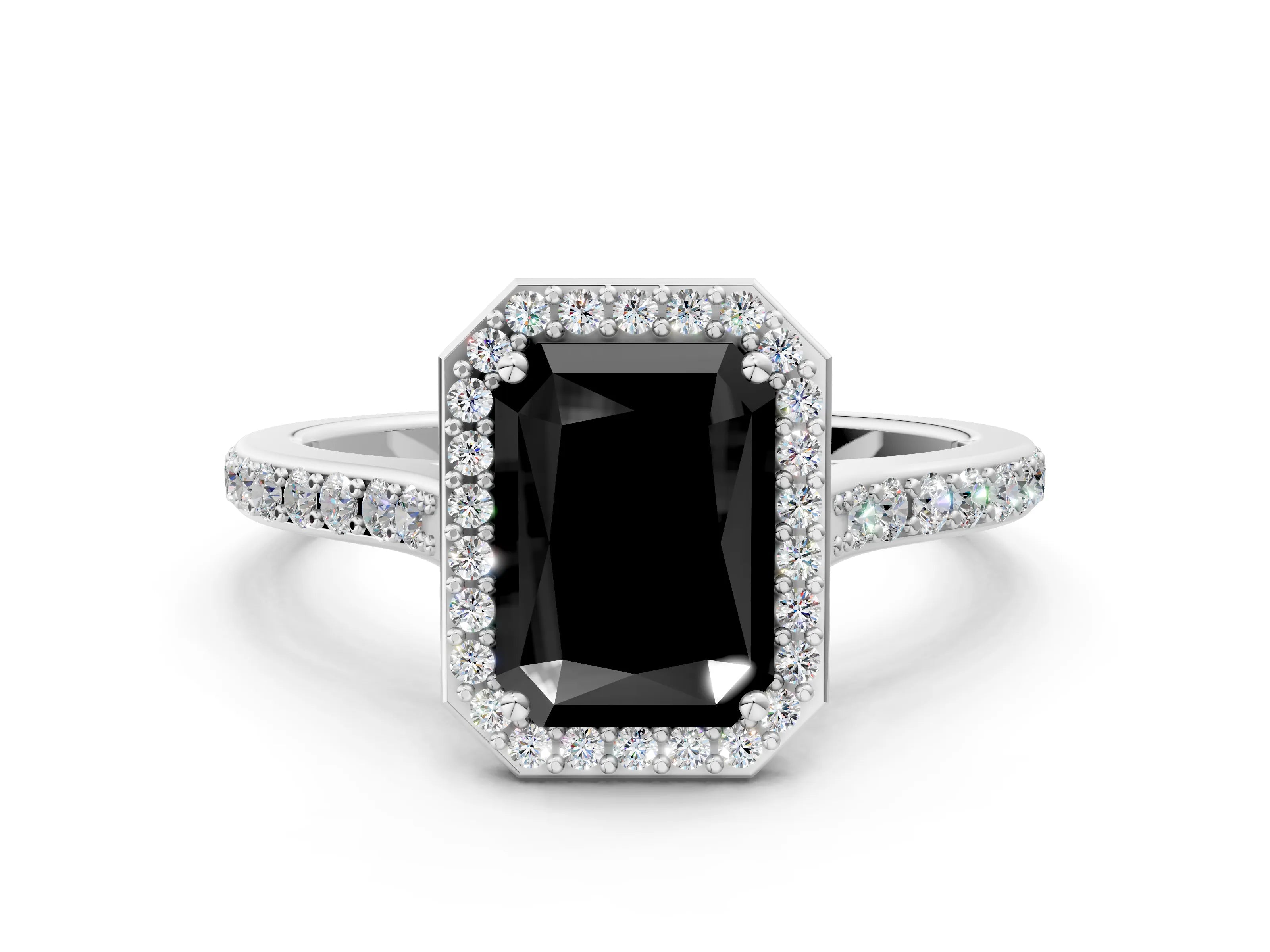 White gold Fancy Black Radiant Cut Halo Round Diamond Pavé Band with Four-Prong Setting_27