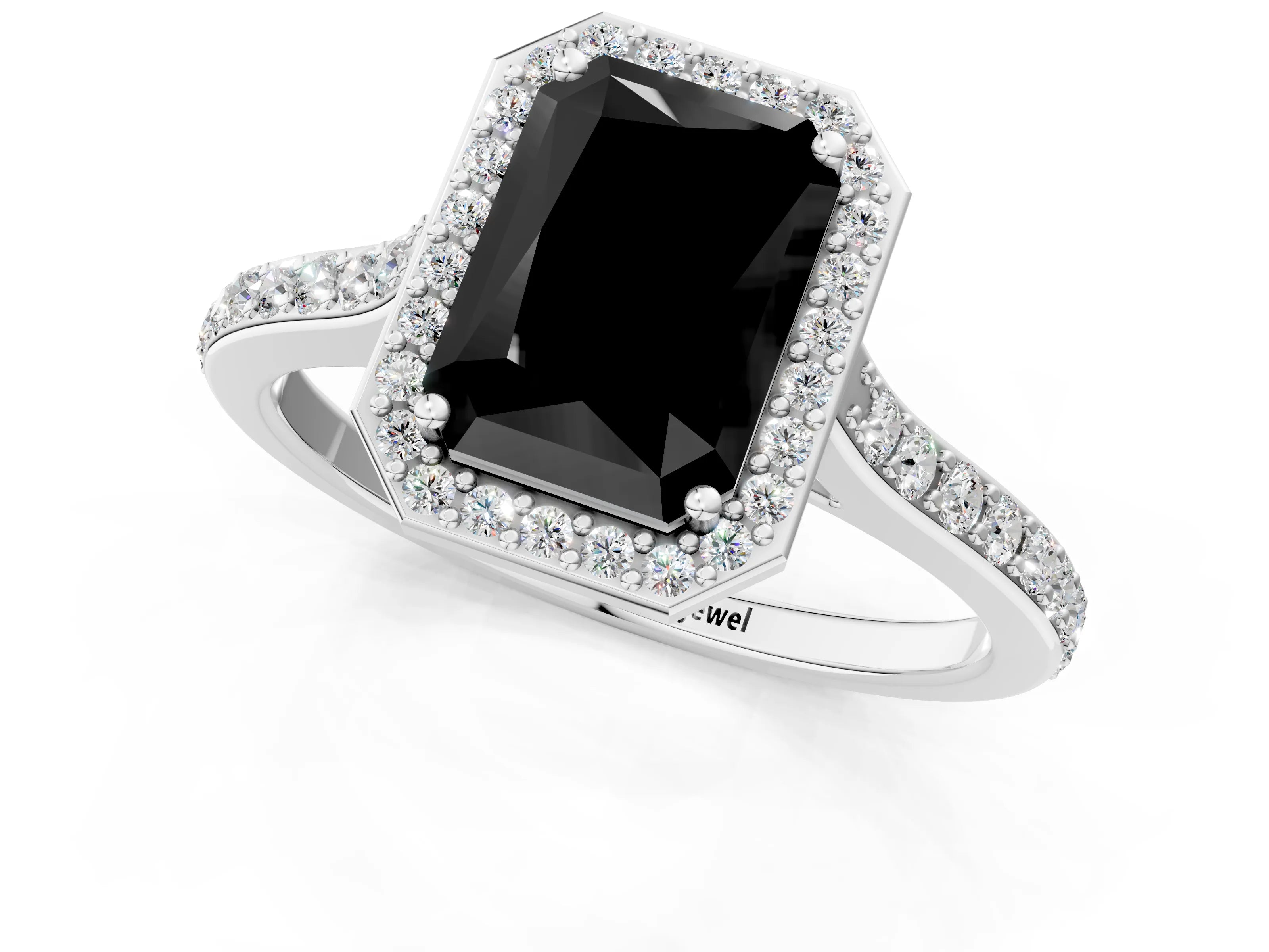 White gold Fancy Black Radiant Cut Halo Round Diamond Pavé Band with Four-Prong Setting_28