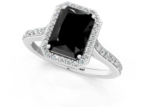 White gold Fancy Black Radiant Cut Halo Round Diamond Pavé Band with Four-Prong Setting_28