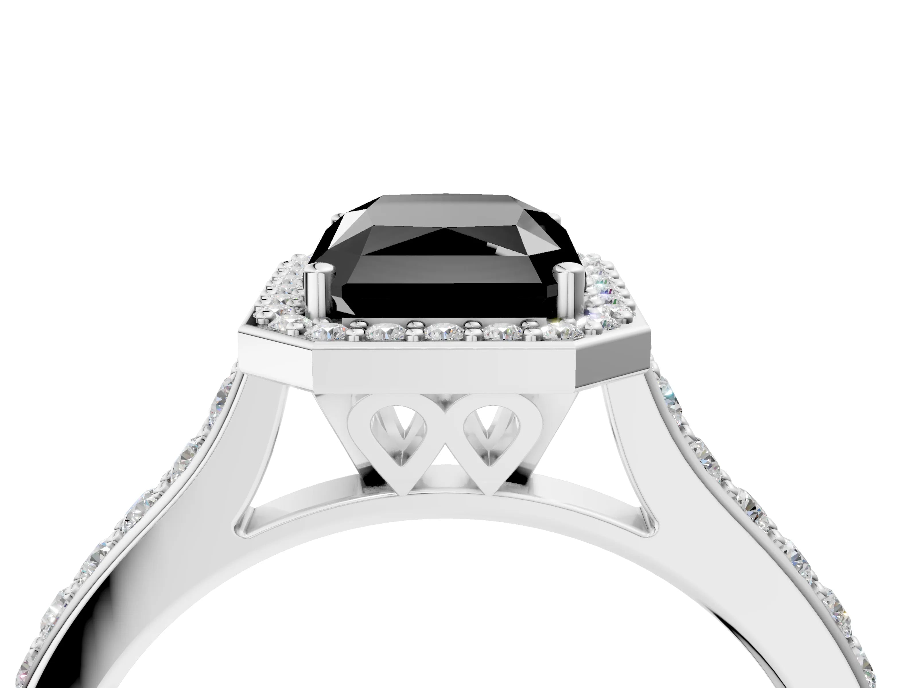 White gold Fancy Black Radiant Cut Halo Round Diamond Pavé Band with Four-Prong Setting_31
