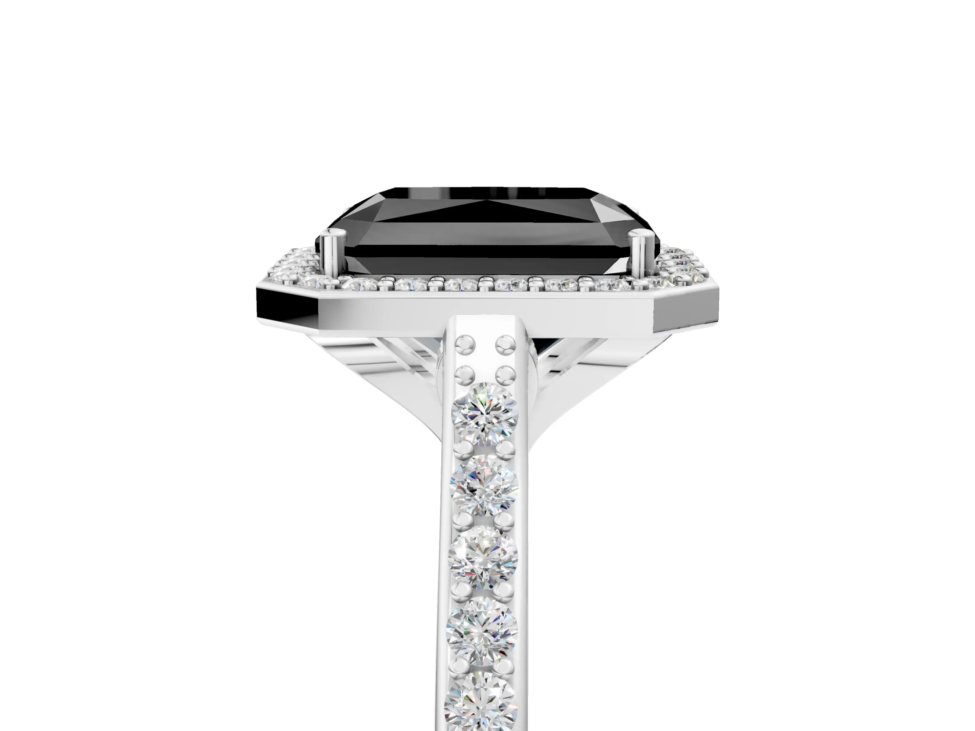 White gold Fancy Black Radiant Cut Halo Round Diamond Pavé Band with Four-Prong Setting_32