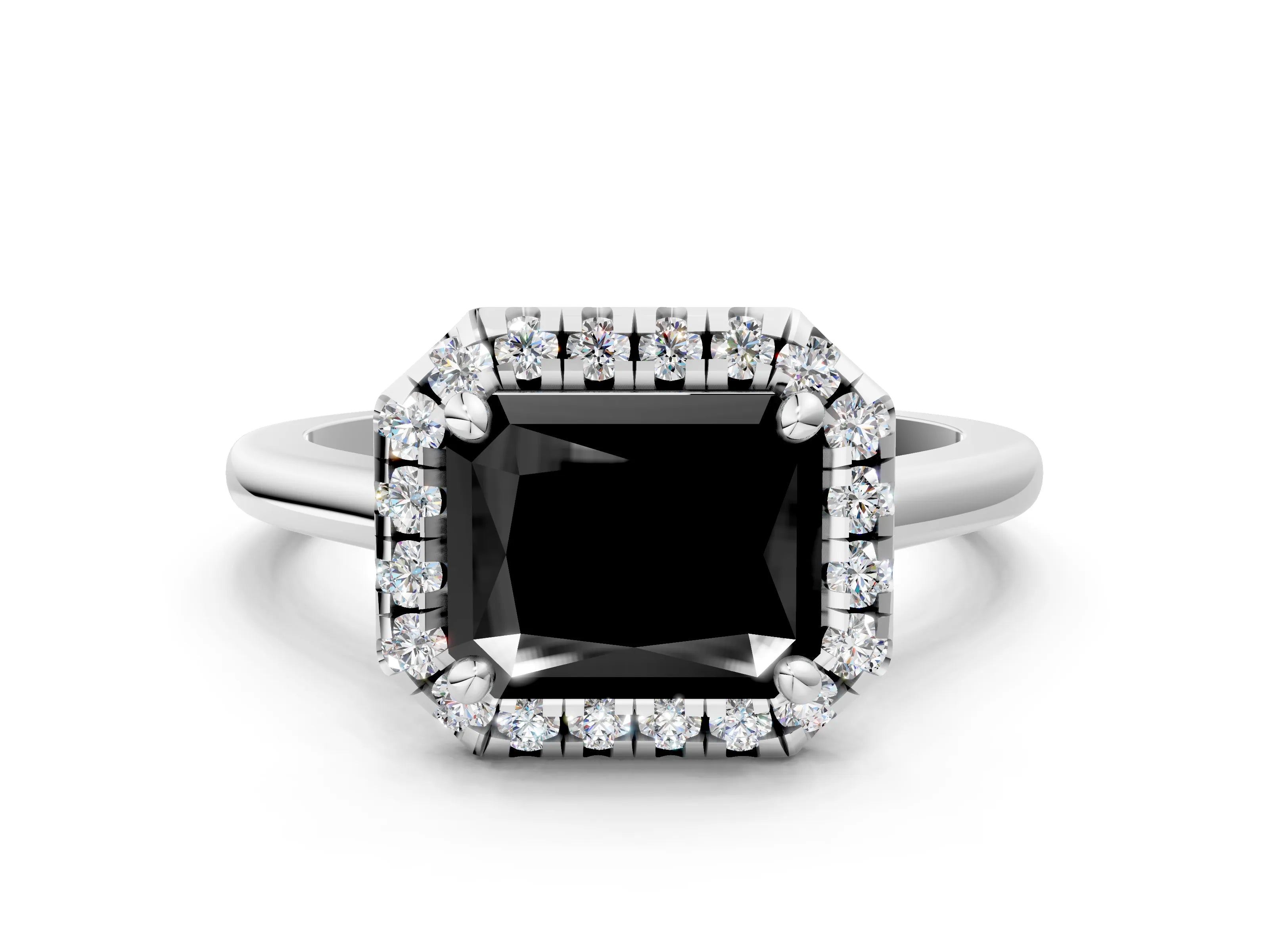 White gold Fancy Black Radiant Cut Halo Round Diamond Solitaire Engagement Ring with Pave Band and Four-Prong Setting_24