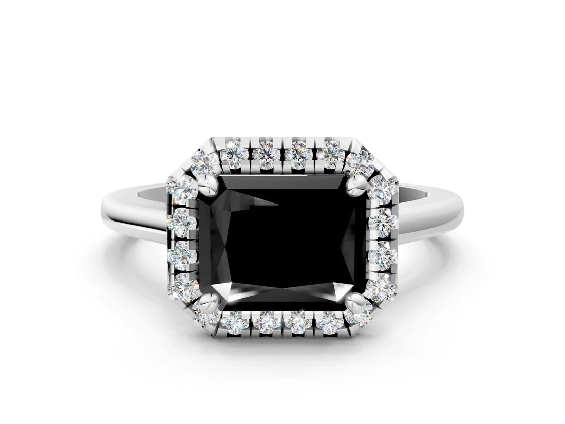 White gold Fancy Black Radiant Cut Halo Round Diamond Solitaire Engagement Ring with Pave Band and Four-Prong Setting_24
