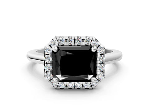 White gold Fancy Black Radiant Cut Halo Round Diamond Solitaire Engagement Ring with Pave Band and Four-Prong Setting_24