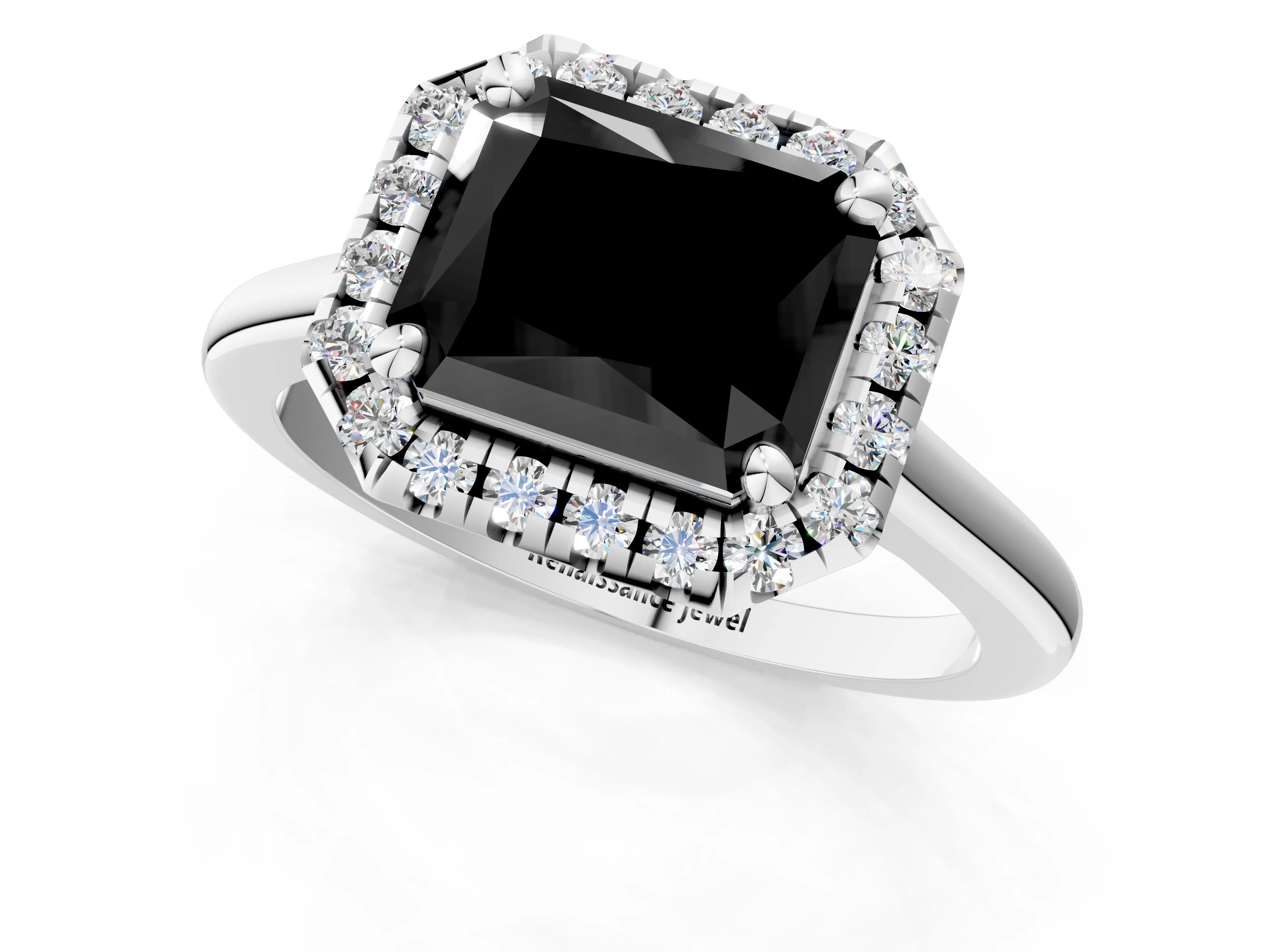 White gold Fancy Black Radiant Cut Halo Round Diamond Solitaire Engagement Ring with Pave Band and Four-Prong Setting_25