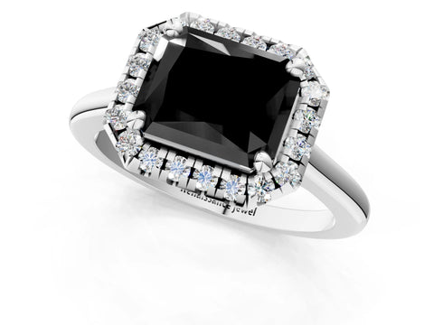 White gold Fancy Black Radiant Cut Halo Round Diamond Solitaire Engagement Ring with Pave Band and Four-Prong Setting_25