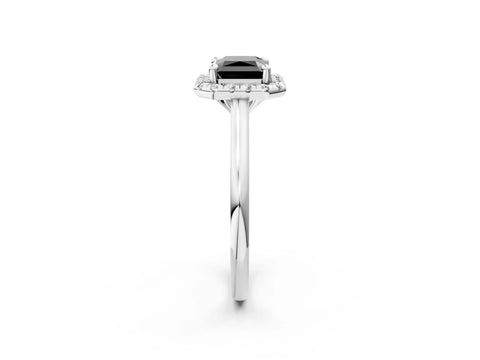 White gold Fancy Black Radiant Cut Halo Round Diamond Solitaire Engagement Ring with Pave Band and Four-Prong Setting_26