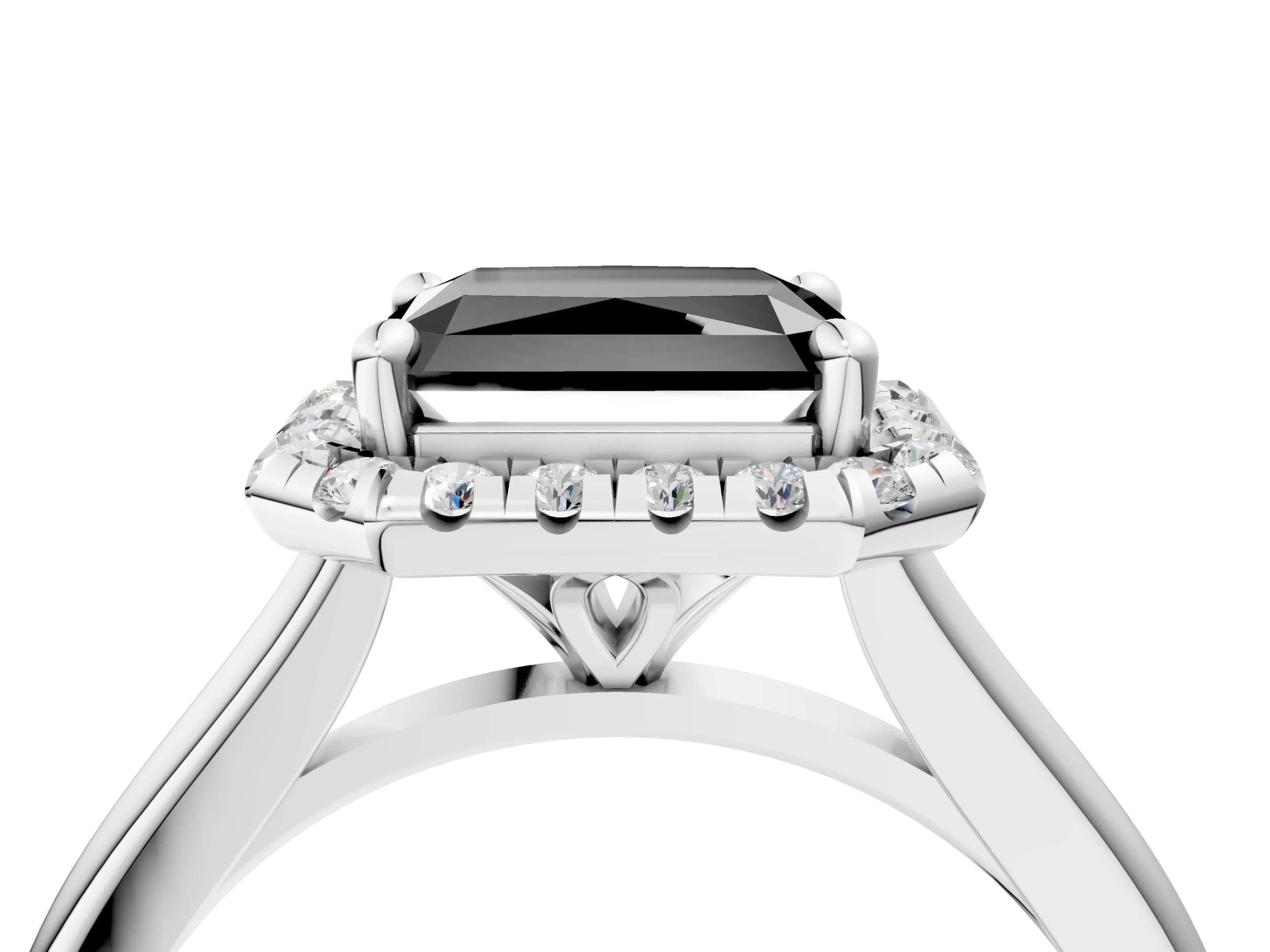 White gold Fancy Black Radiant Cut Halo Round Diamond Solitaire Engagement Ring with Pave Band and Four-Prong Setting_28