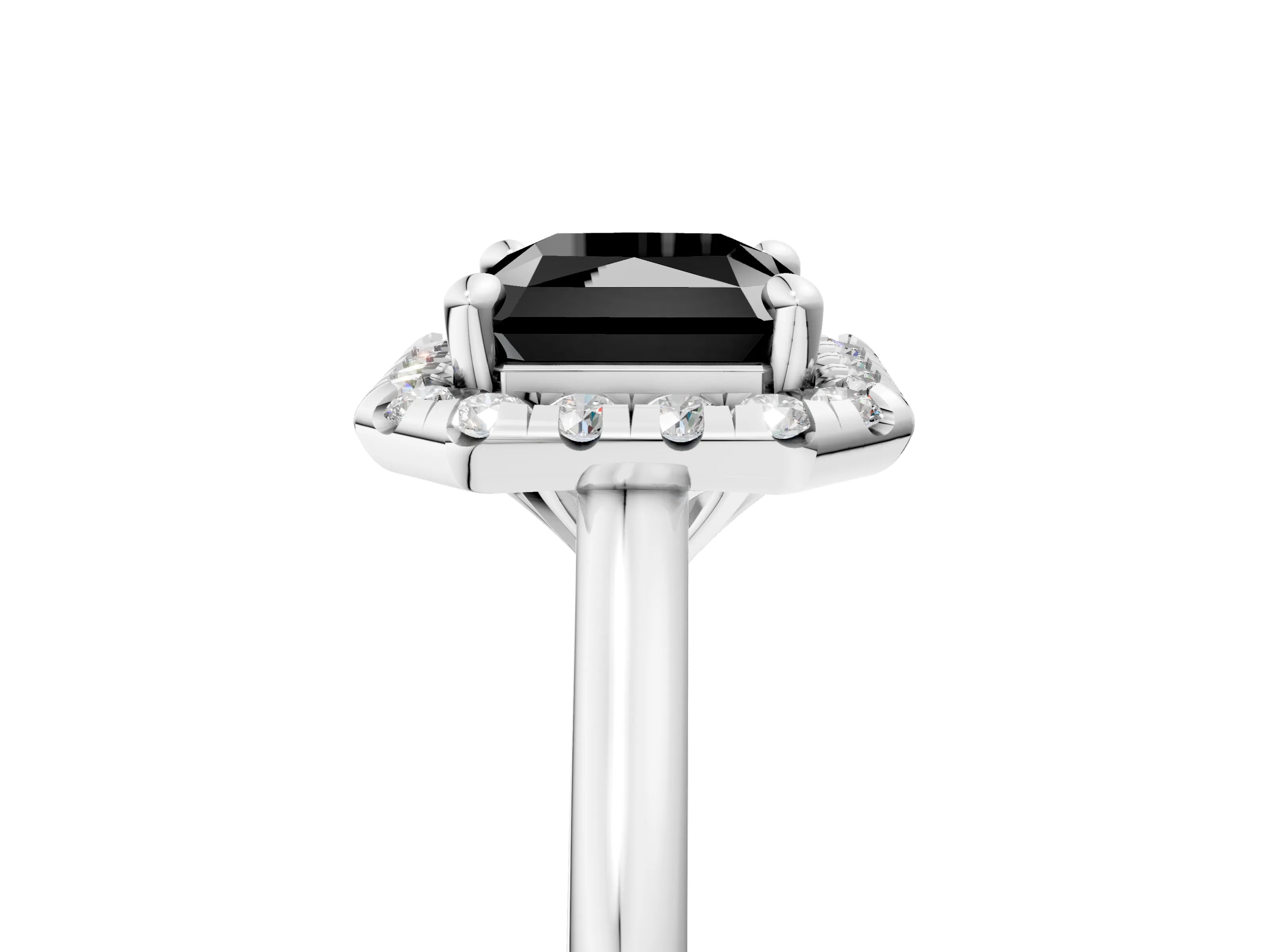 White gold Fancy Black Radiant Cut Halo Round Diamond Solitaire Engagement Ring with Pave Band and Four-Prong Setting_29