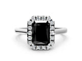 White gold Fancy Black Radiant Cut Halo Round Diamond Solitaire Ring with Pavé Band and Four-Prong Setting