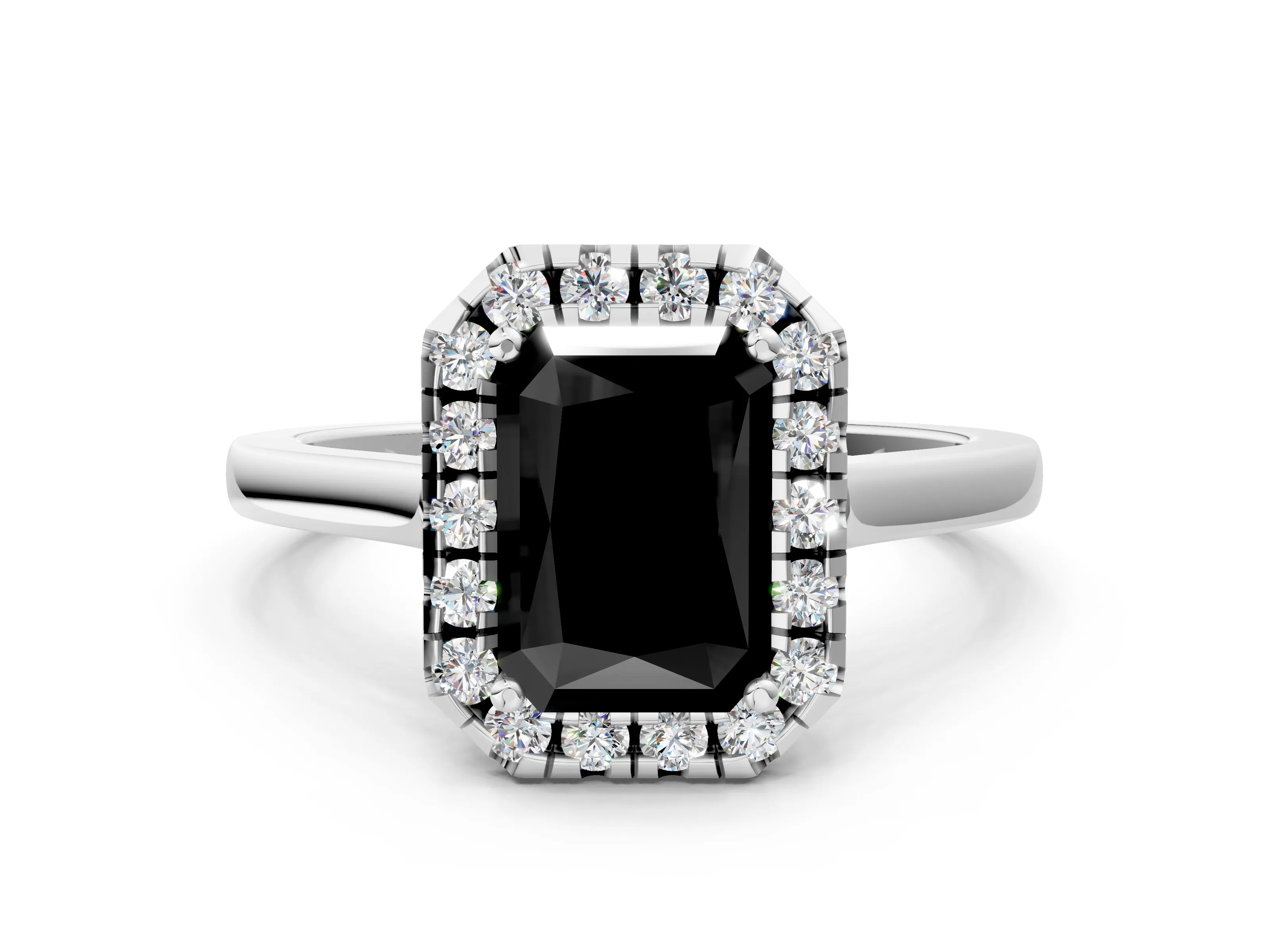 White gold Fancy Black Radiant Cut Halo Round Diamond Solitaire Ring with Pavé Band and Four-Prong Setting_12