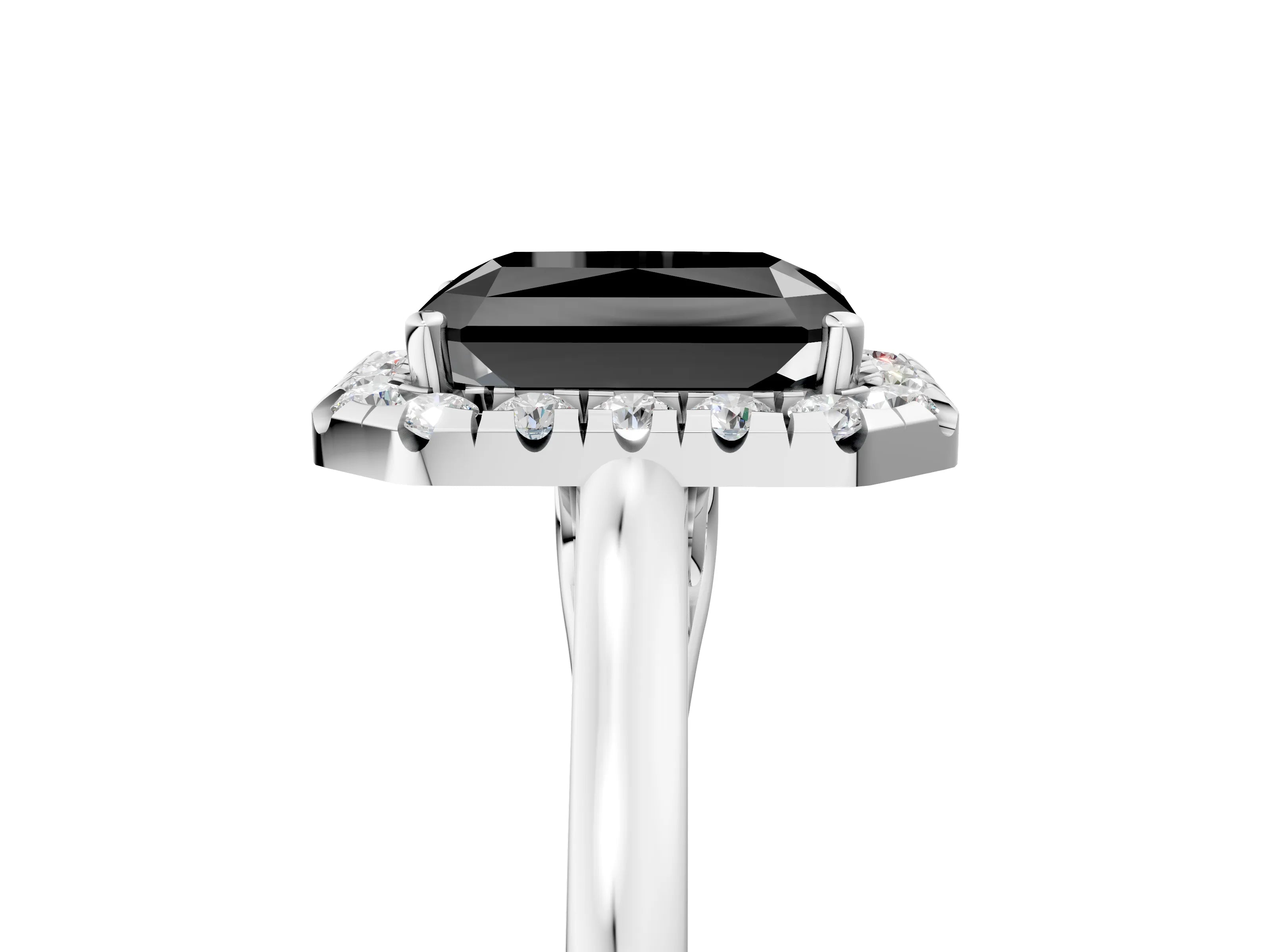 White gold Fancy Black Radiant Cut Halo Round Diamond Solitaire Ring with Pavé Band and Four-Prong Setting_17