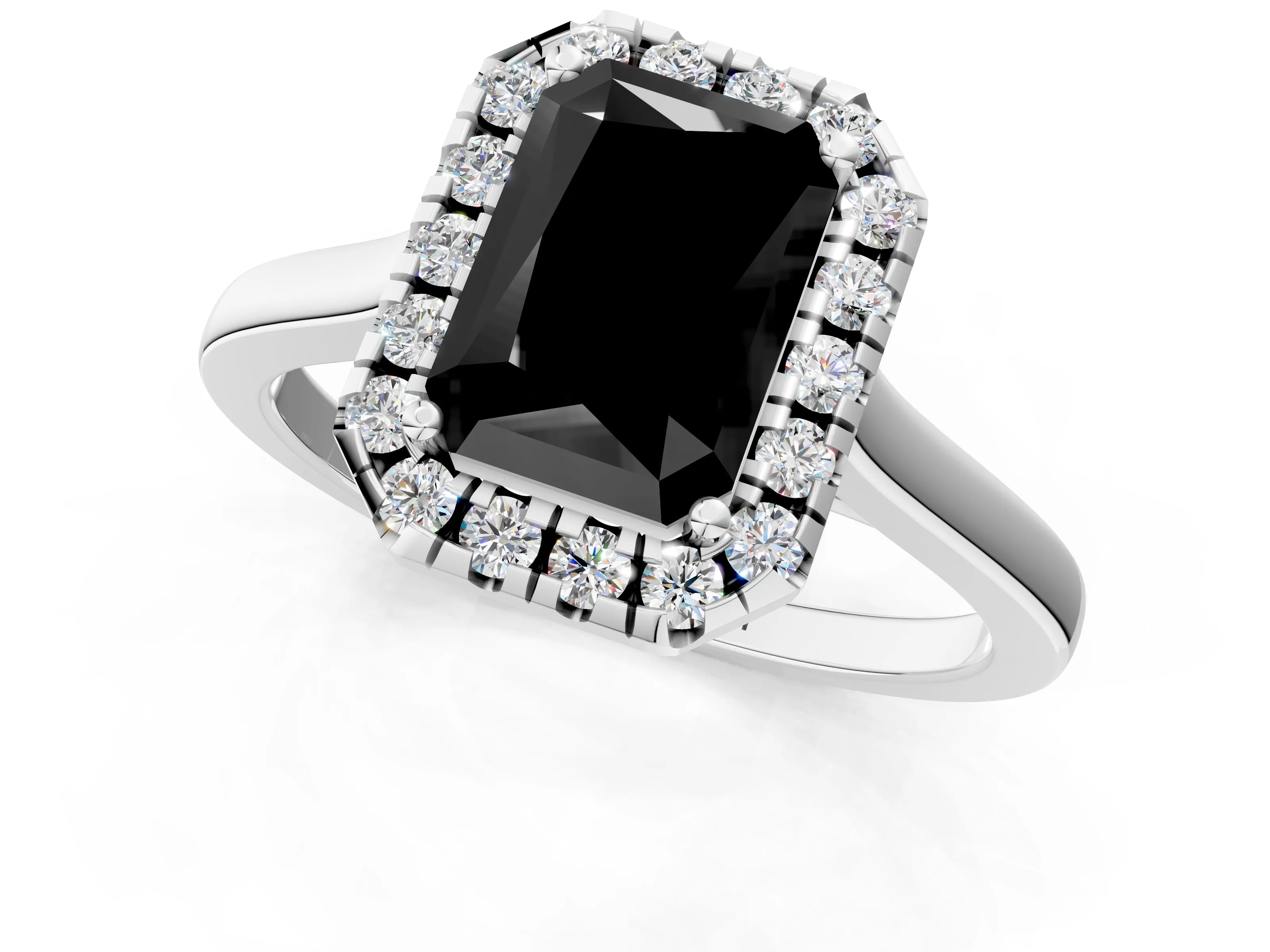 White gold Fancy Black Radiant Cut Halo Round Diamond Solitaire Ring with Pavé Band and Four-Prong Setting_1