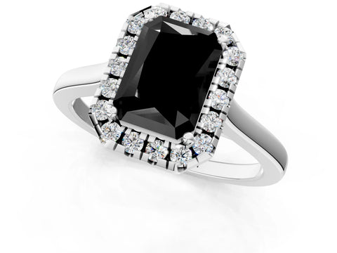 White gold Fancy Black Radiant Cut Halo Round Diamond Solitaire Ring with Pavé Band and Four-Prong Setting_1