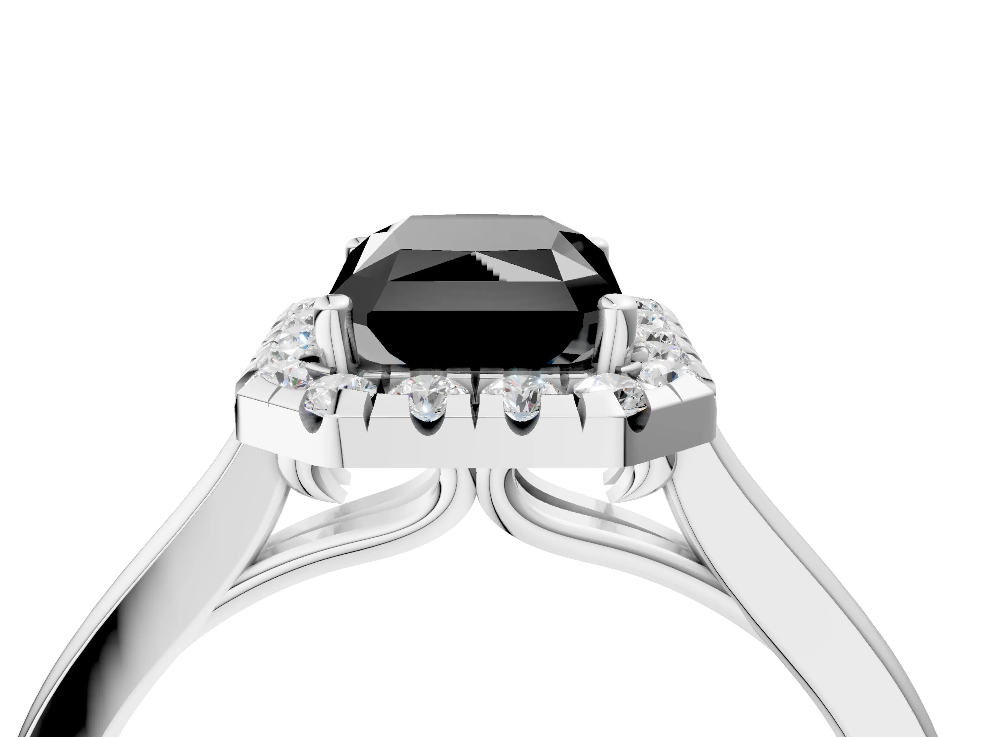 White gold Fancy Black Radiant Cut Halo Round Diamond Solitaire Ring with Pavé Band and Four-Prong Setting_4