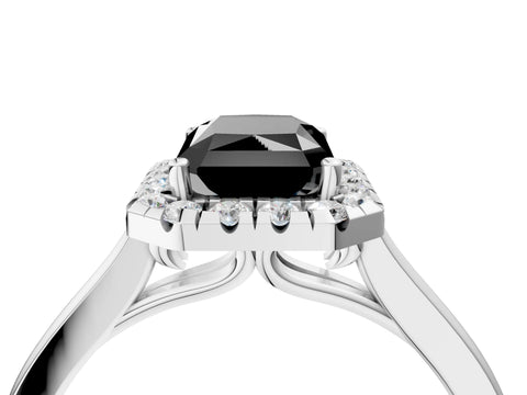White gold Fancy Black Radiant Cut Halo Round Diamond Solitaire Ring with Pavé Band and Four-Prong Setting_4