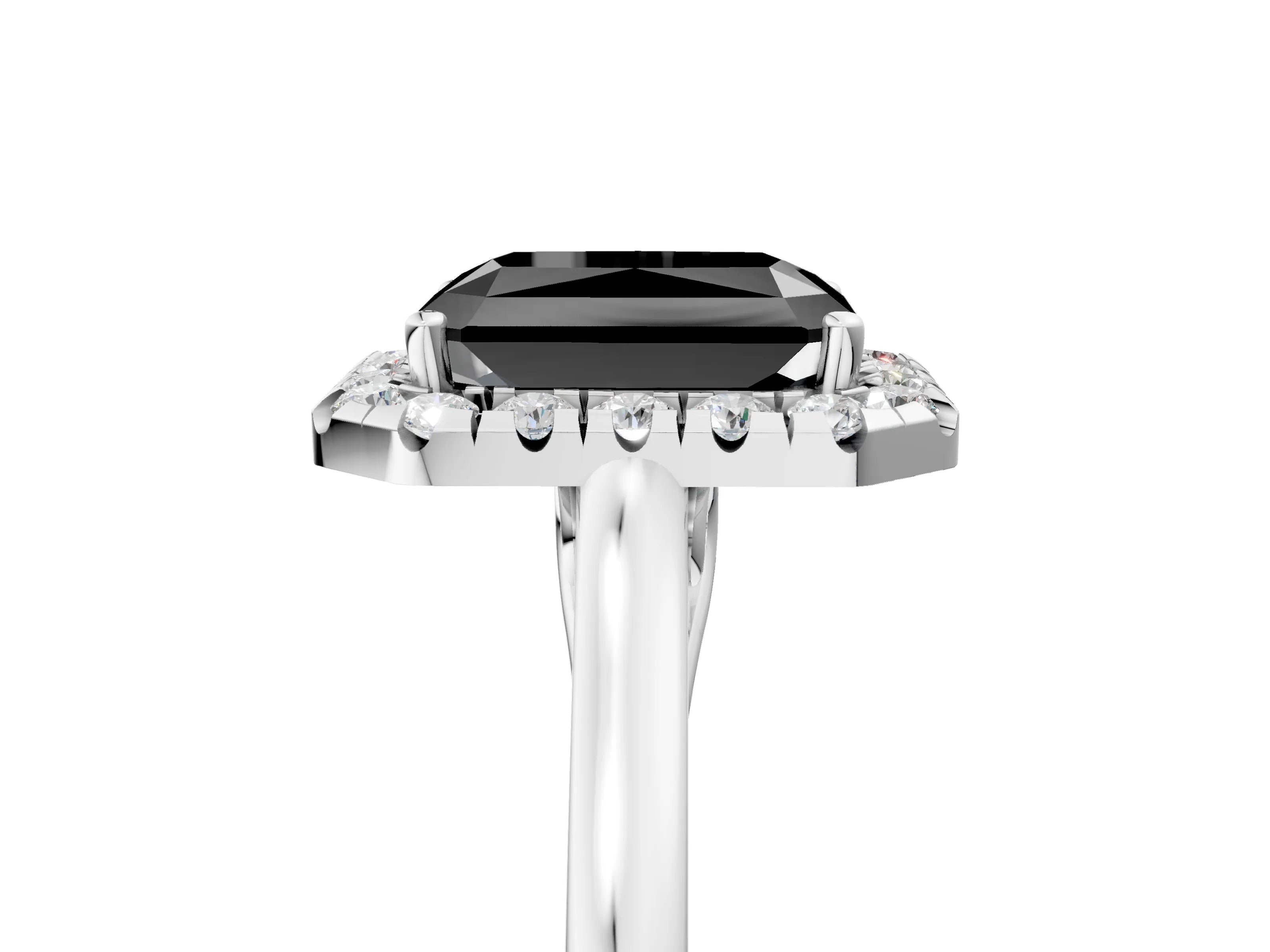 White gold Fancy Black Radiant Cut Halo Round Diamond Solitaire Ring with Pavé Band and Four-Prong Setting_5