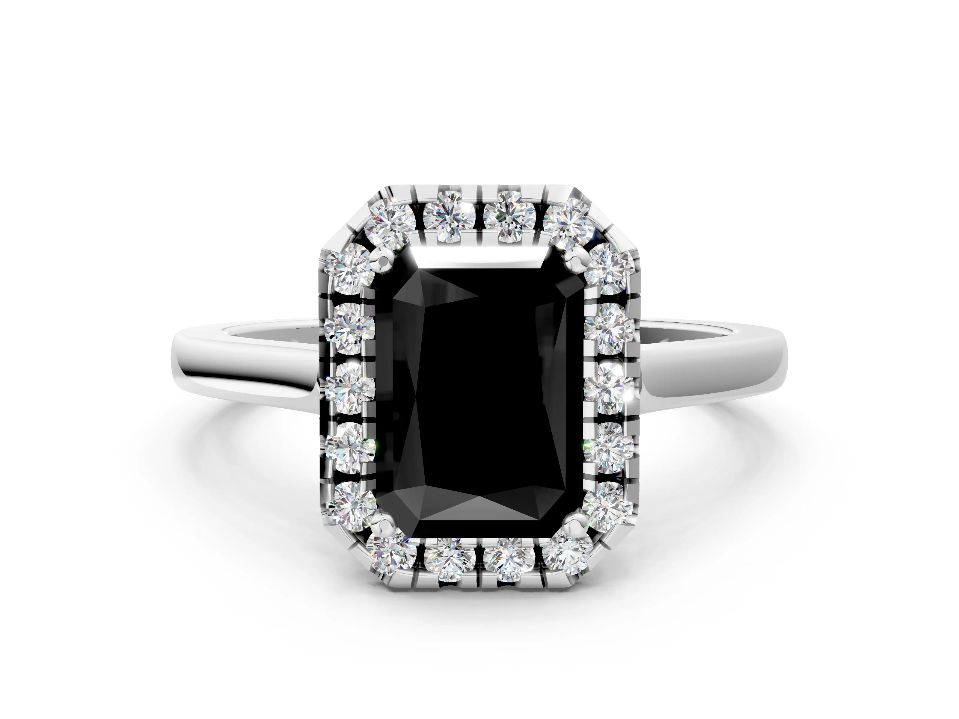 White gold Fancy Black Radiant Cut Halo Round Diamond Solitaire Ring with Pavé Band and Four-Prong Setting