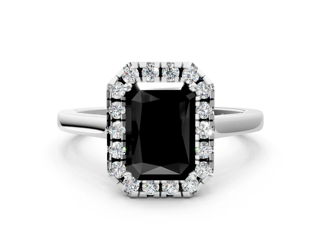 White gold Fancy Black Radiant Cut Halo Round Diamond Solitaire Ring with Pavé Band and Four-Prong Setting