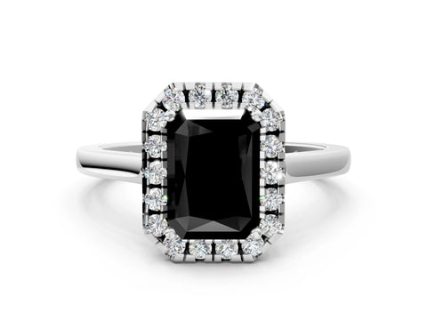 White gold Fancy Black Radiant Cut Halo Round Diamond Solitaire Ring with Pavé Band and Four-Prong Setting