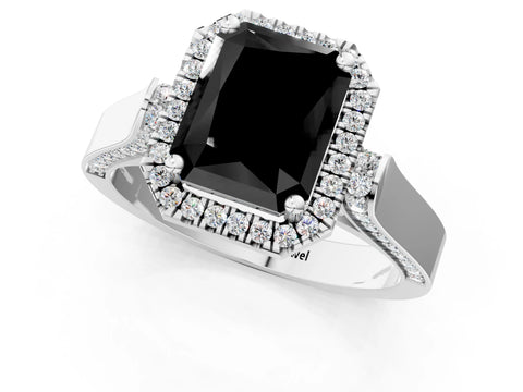 White gold Fancy Black Radiant Cut Halo Round Diamond Twist Band with Four-Prong Setting_1