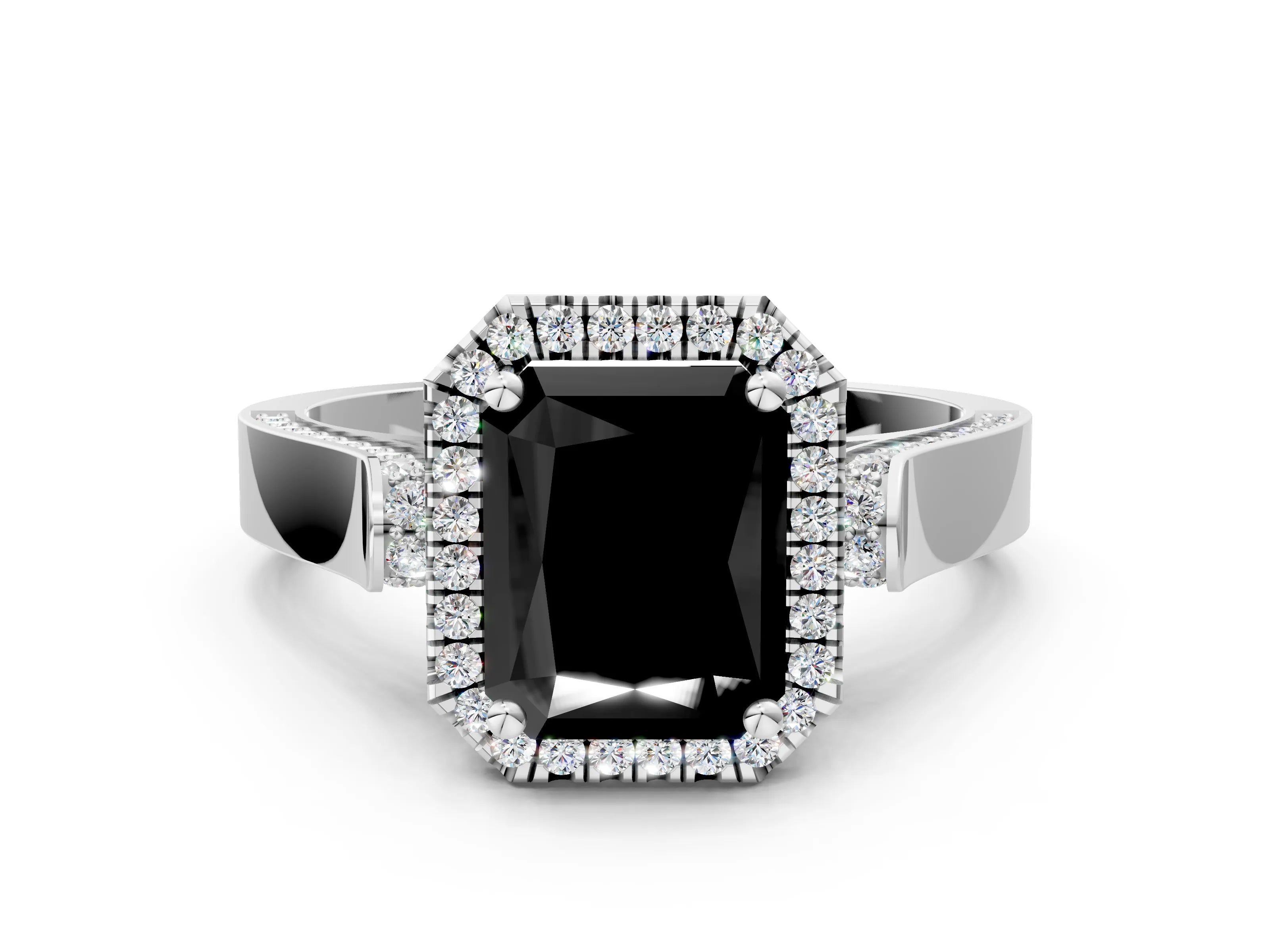 White gold Fancy Black Radiant Cut Halo Round Diamond Twist Band with Four-Prong Setting_24