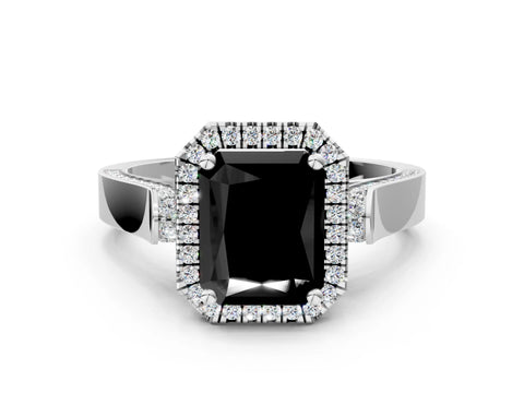 White gold Fancy Black Radiant Cut Halo Round Diamond Twist Band with Four-Prong Setting_24