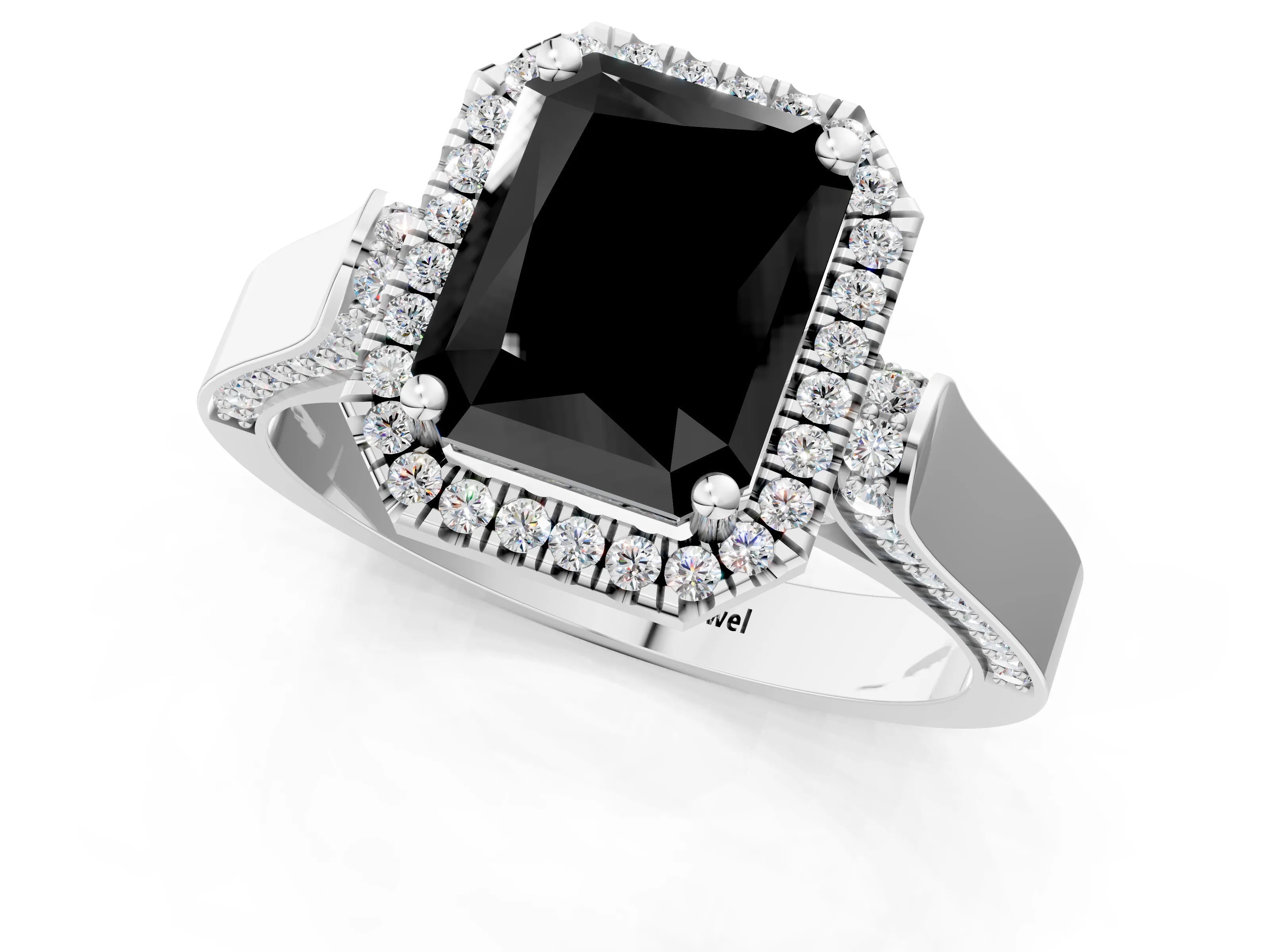 White gold Fancy Black Radiant Cut Halo Round Diamond Twist Band with Four-Prong Setting_25