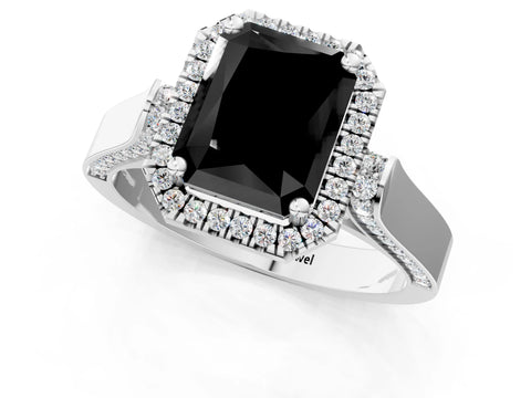 White gold Fancy Black Radiant Cut Halo Round Diamond Twist Band with Four-Prong Setting_25