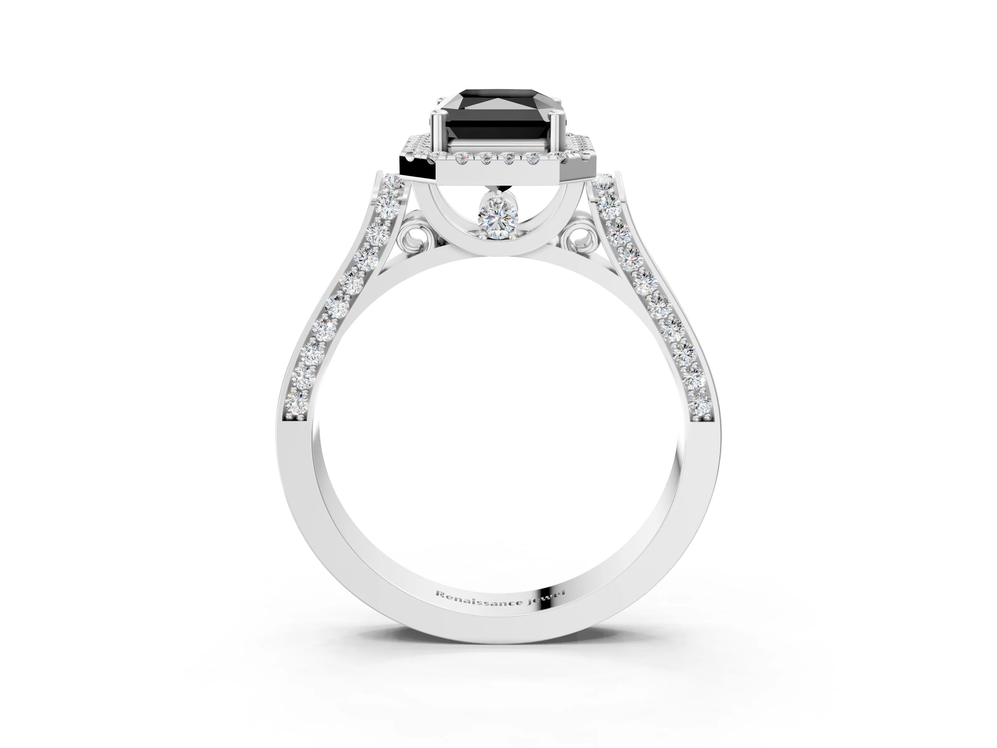 White gold Fancy Black Radiant Cut Halo Round Diamond Twist Band with Four-Prong Setting_27